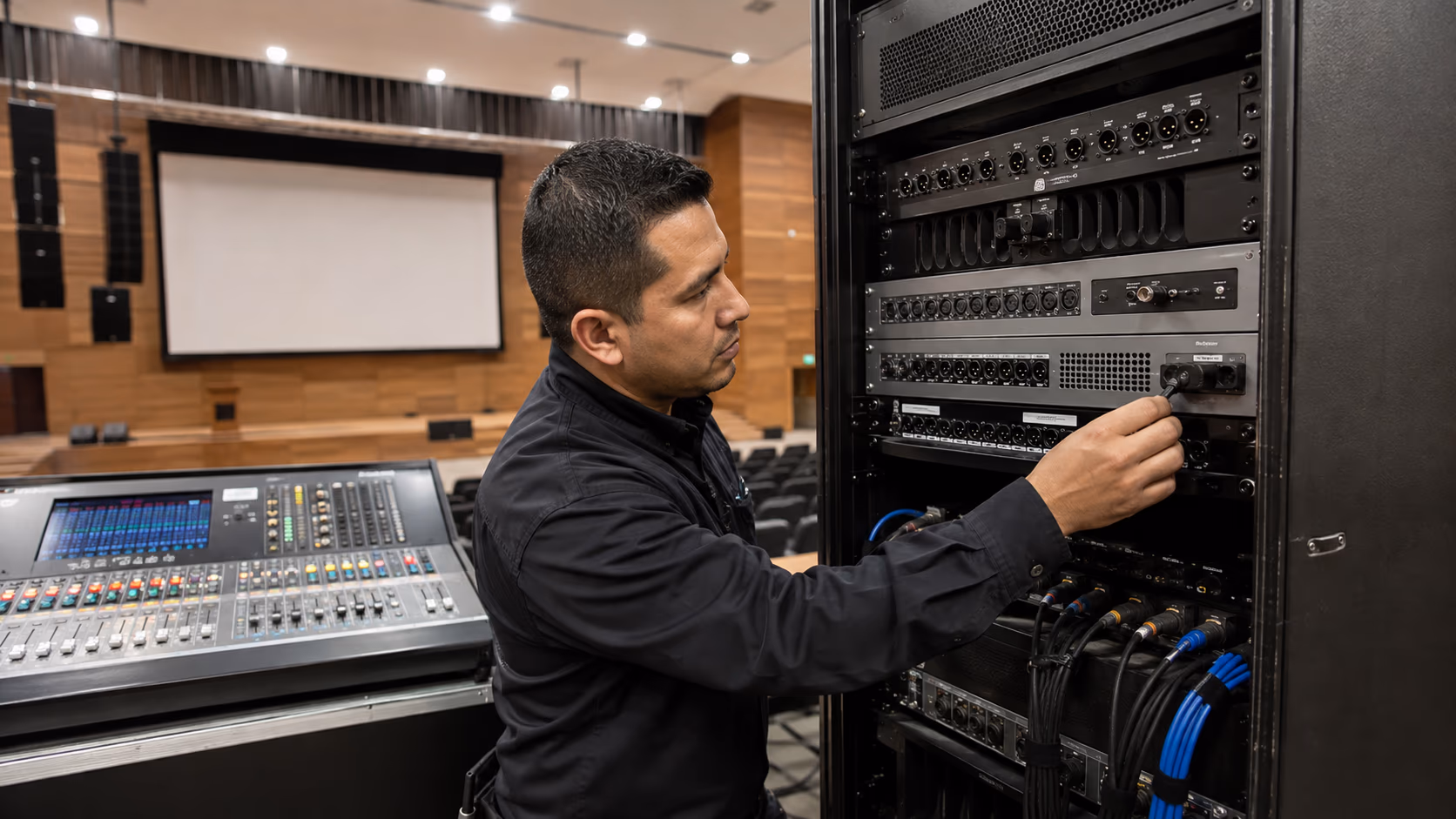 técnico realizando mantenimiento preventivo a rack de audio profesional