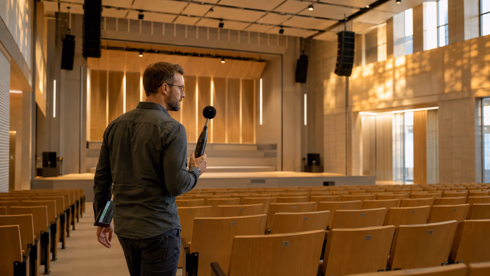 ingeniero verificando inteligibilidad de voz en un auditorio