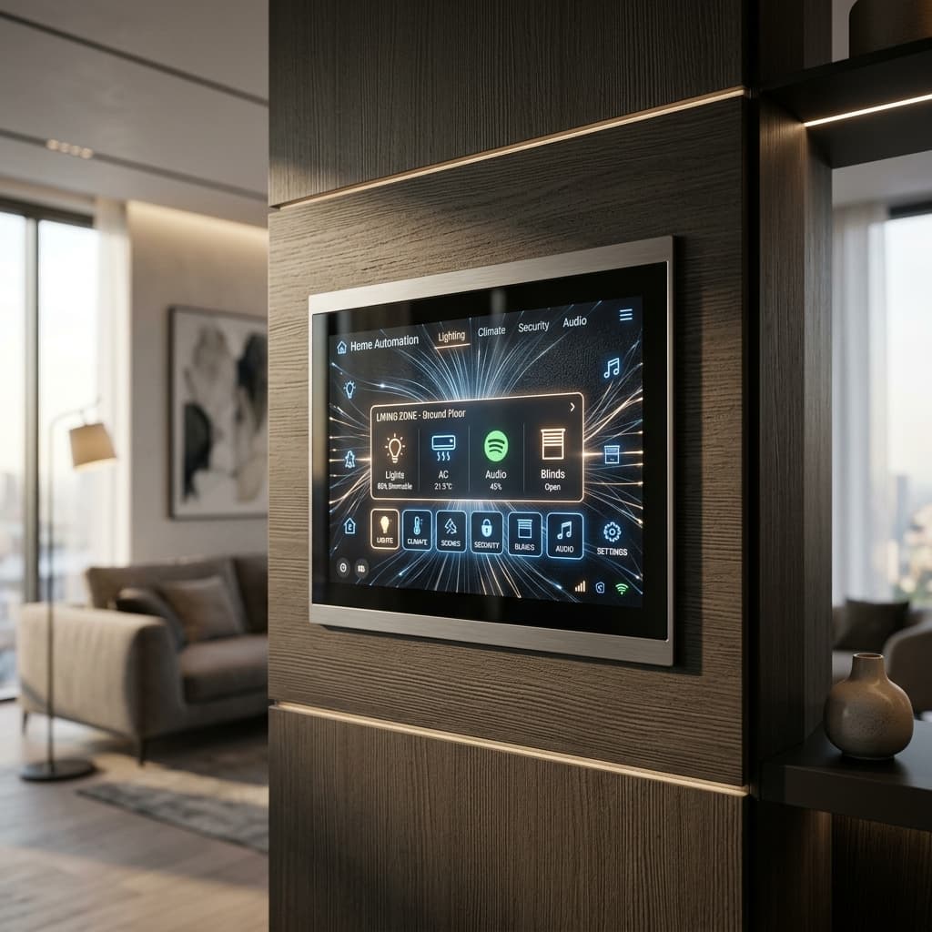 Interfaz de control de hogar inteligente integrada en pared moderna con iluminación LED
