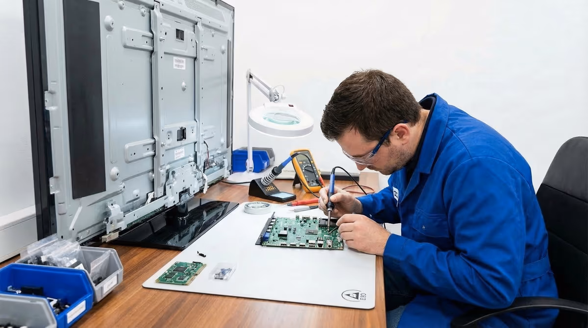 Técnico entregando cotización de reparación de televisor a cliente en Cali